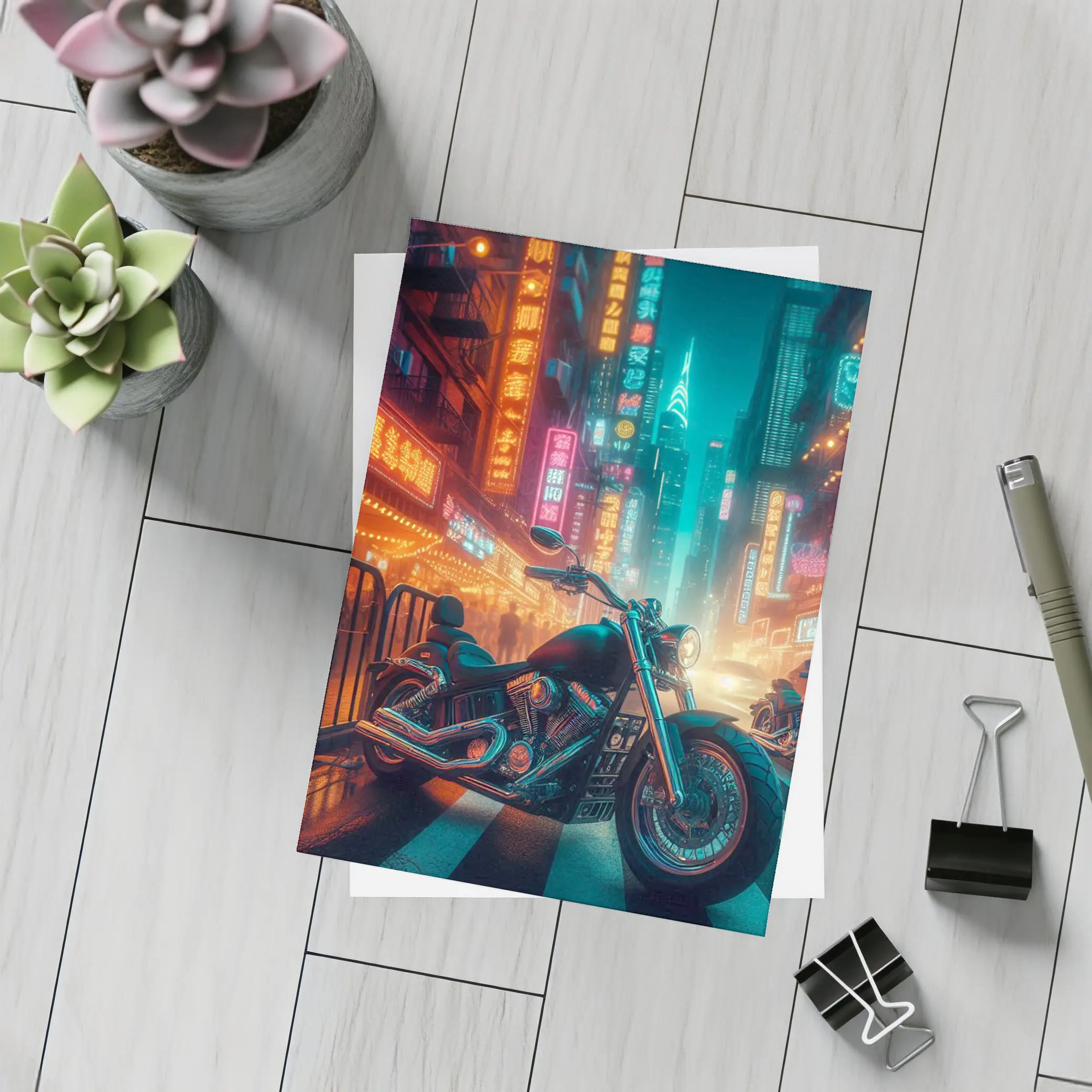 Chopper Motorcycle Neon City Street Night – Postcards