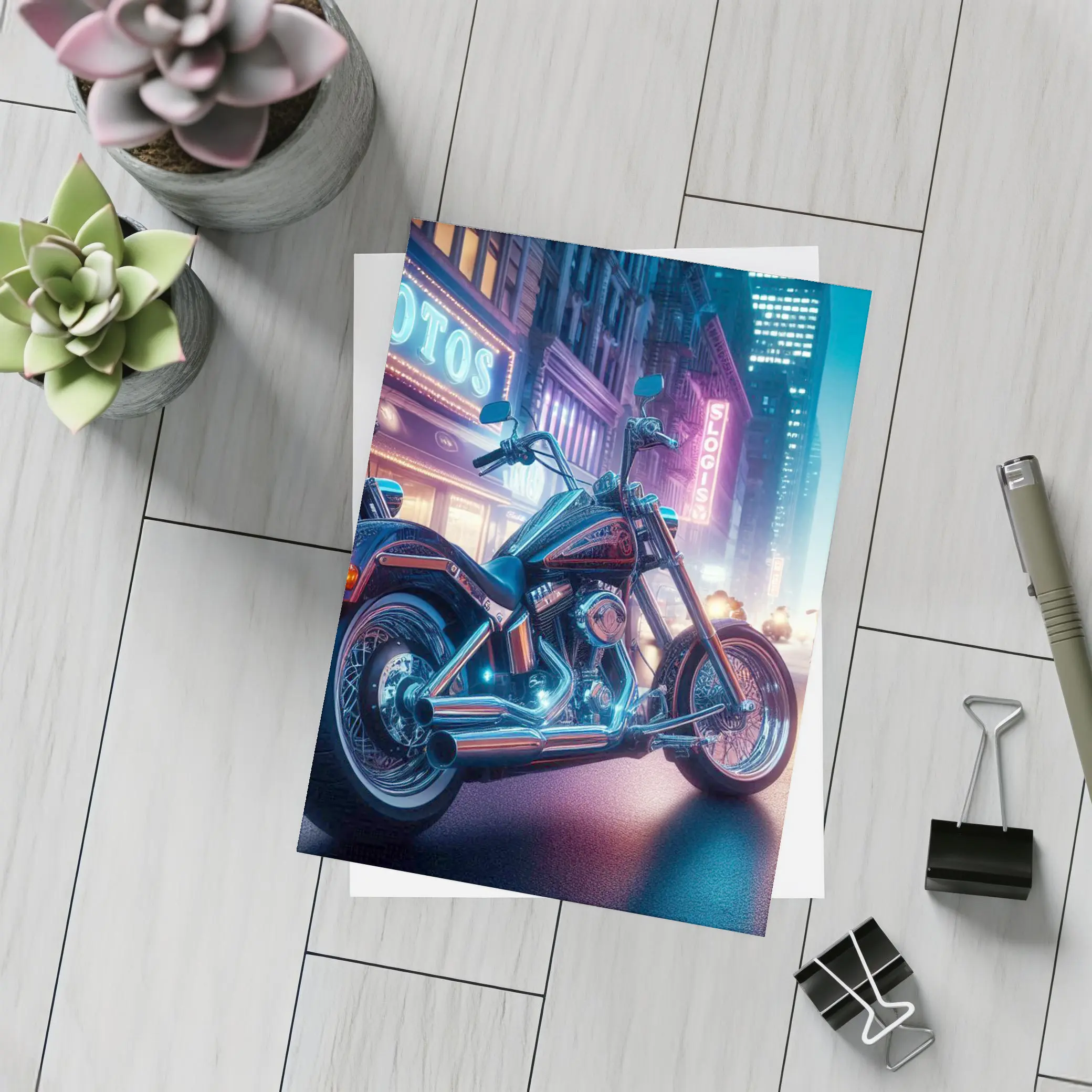 Harley Davidson Chopper Neon City Night – Postcards