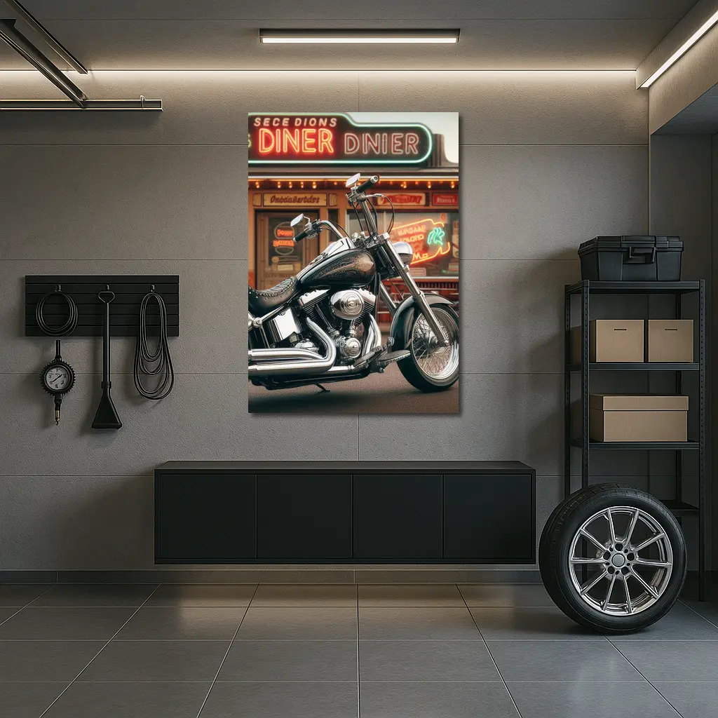 Harley Davidson Chopper Parked Outside Diner – Wall Art