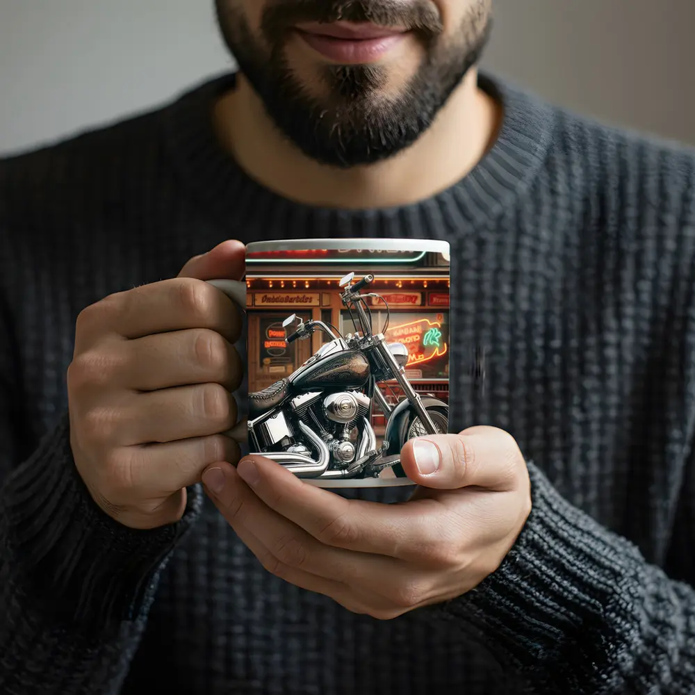 Harley Davidson Chopper Parked Outside Diner – Mugs