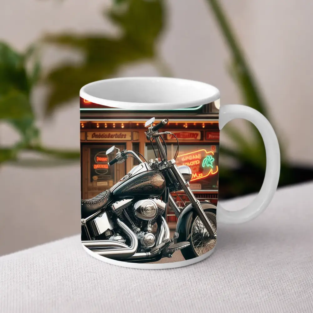 Harley Davidson Chopper Parked Outside Diner – Mugs