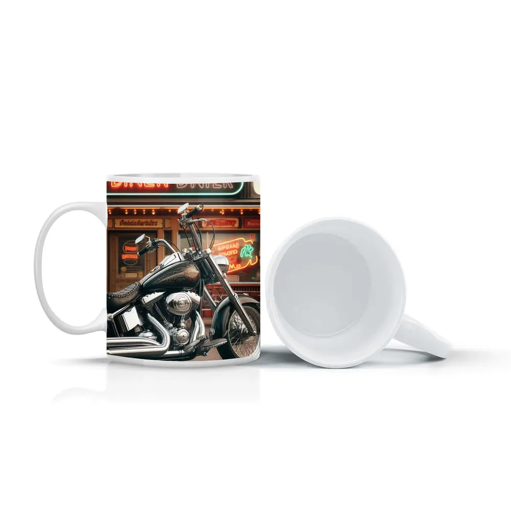Harley Davidson Chopper Parked Outside Diner – Mugs