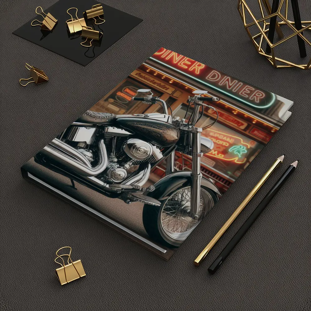 Harley Davidson Chopper Parked Outside Diner – Notebooks