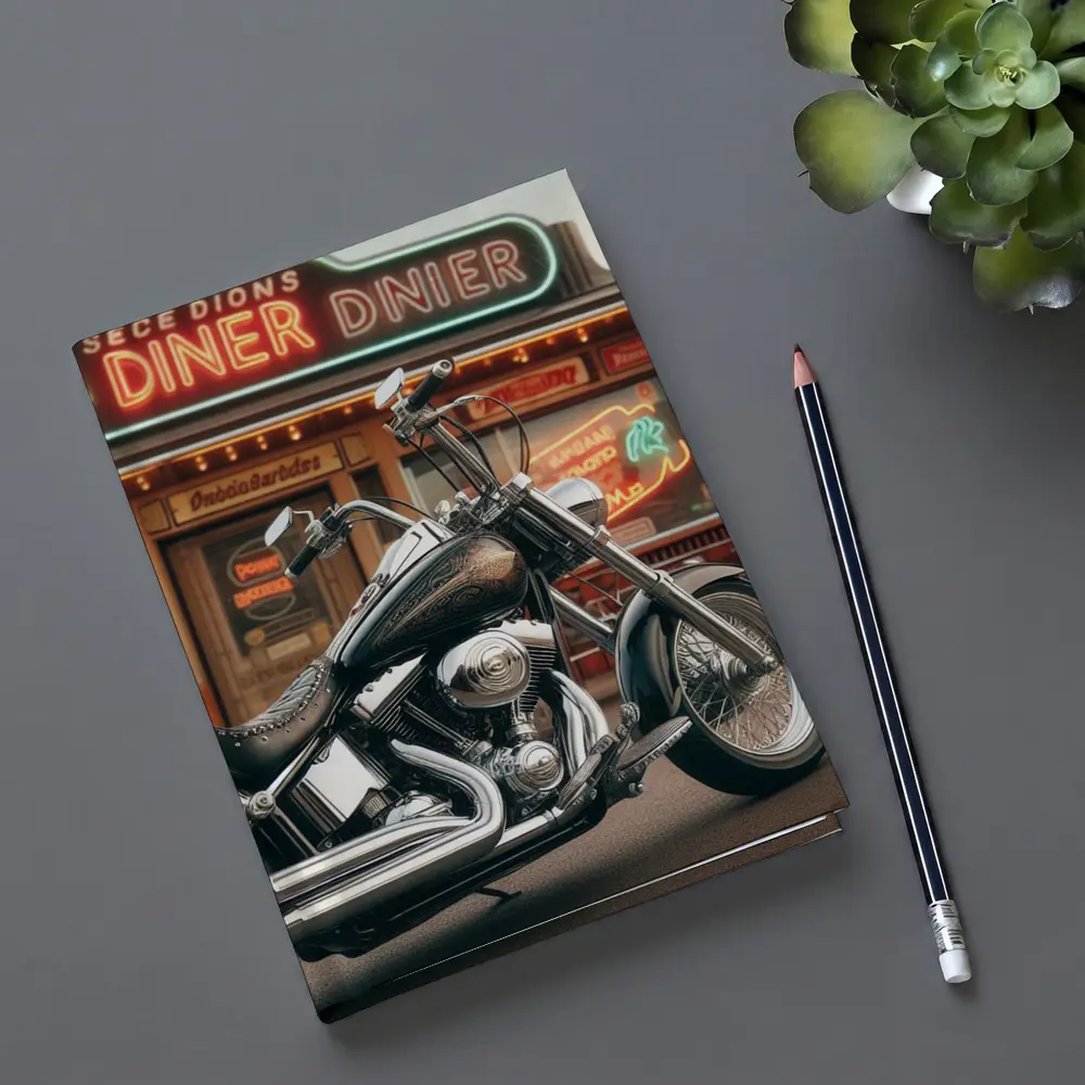 Harley Davidson Chopper Parked Outside Diner – Notebooks