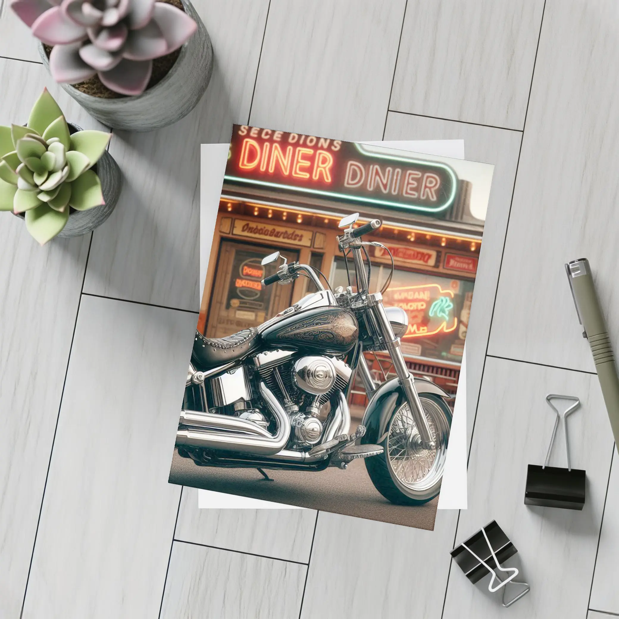Harley Davidson Chopper Parked Outside Diner – Postcards