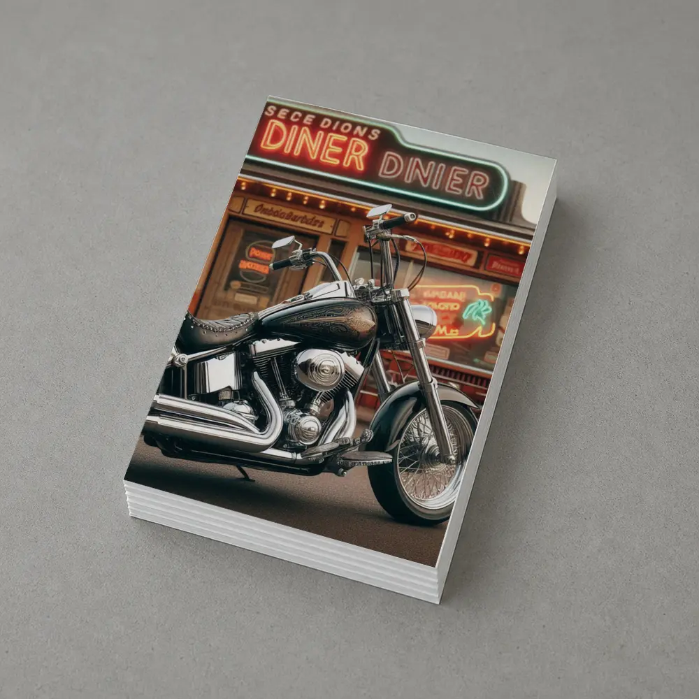 Harley Davidson Chopper Parked Outside Diner – Postcards