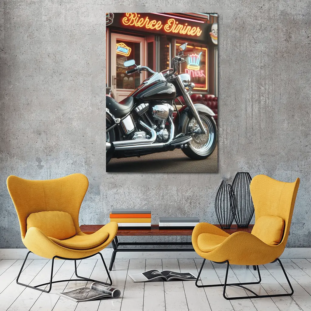 Harley Davidson Chopper Outside Neon Diner – Wall Art