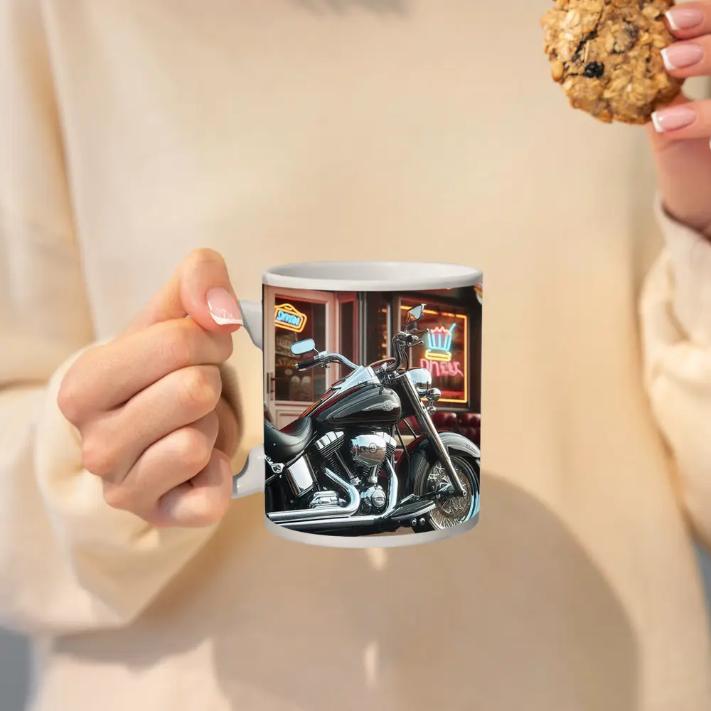 Harley Davidson Chopper Outside Neon Diner – Mugs