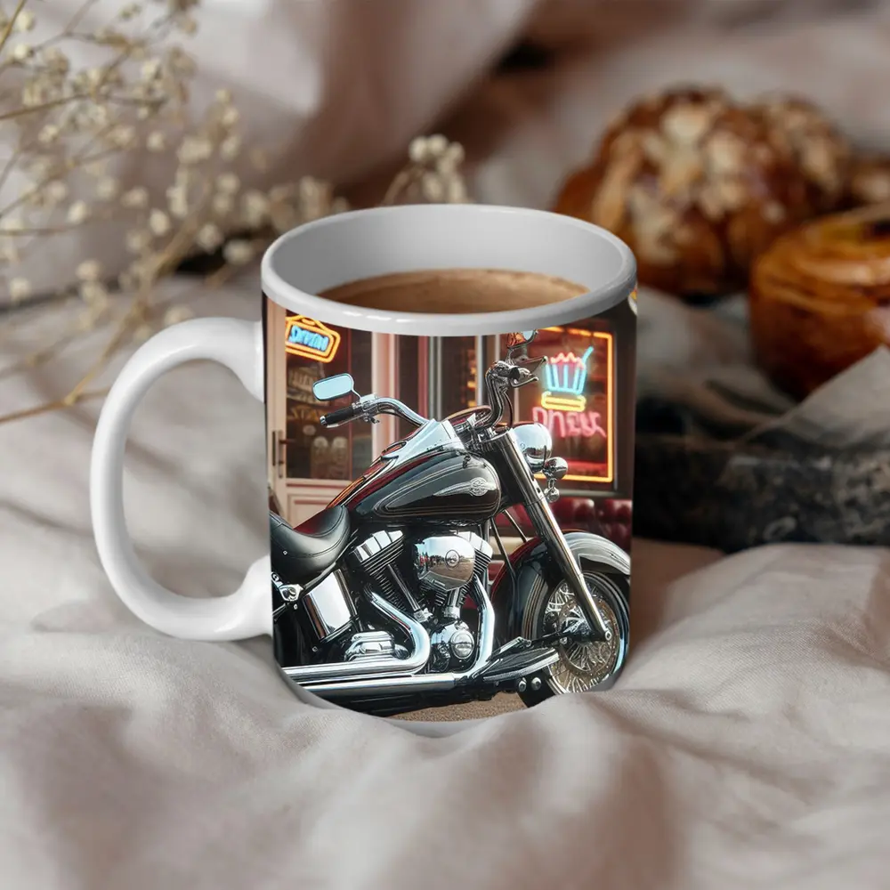 Harley Davidson Chopper Outside Neon Diner – Mugs