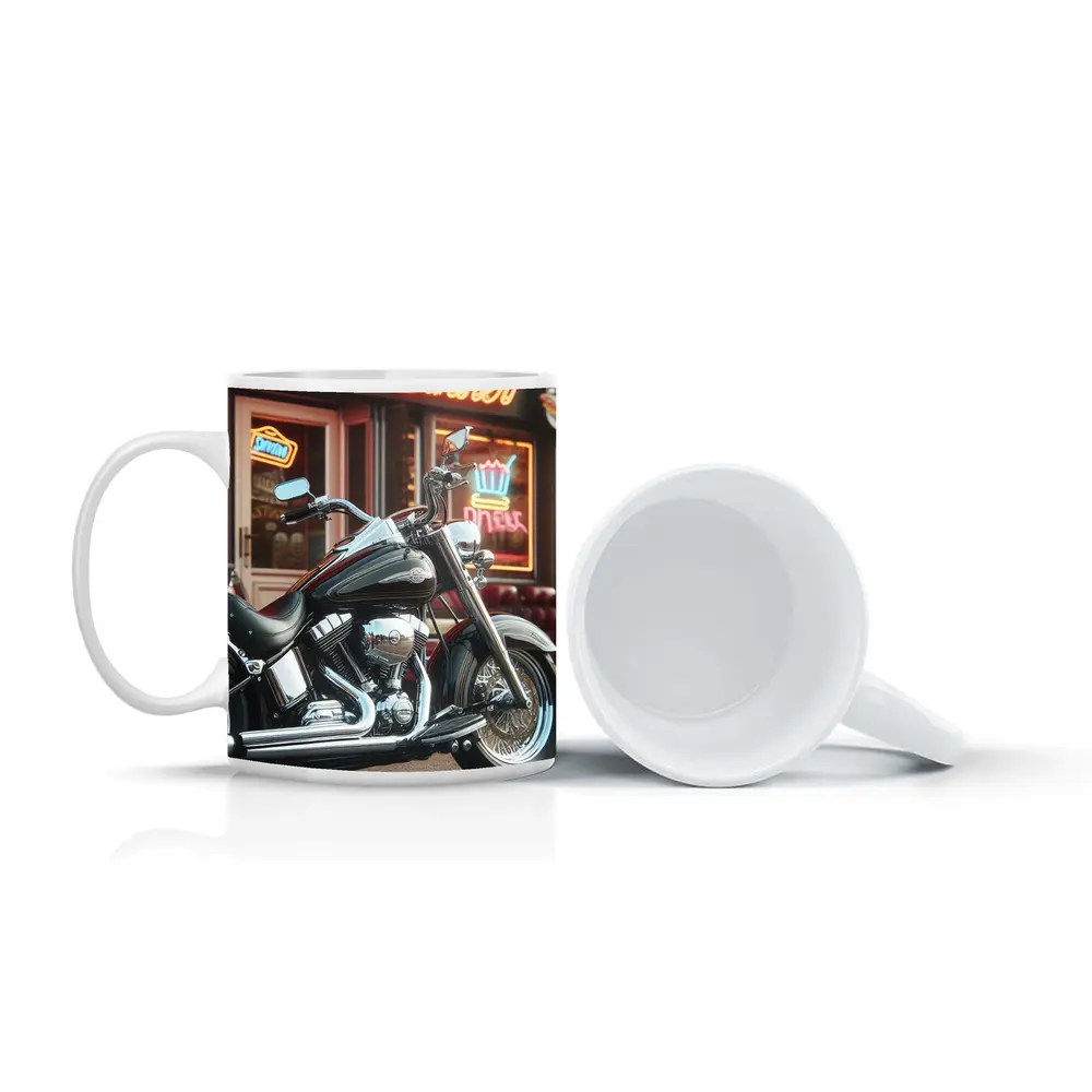 Harley Davidson Chopper Outside Neon Diner – Mugs