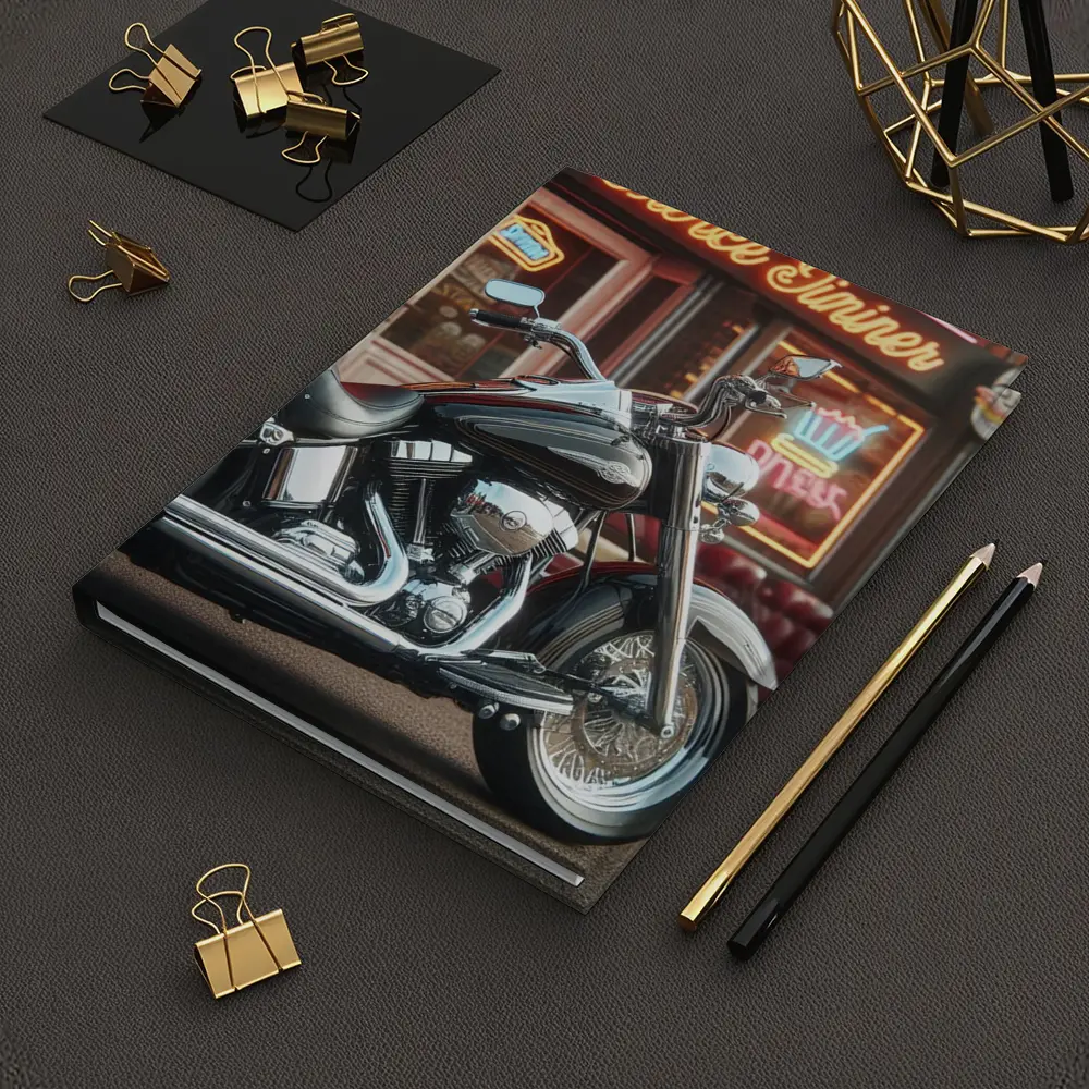 Harley Davidson Chopper Outside Neon Diner – Notebooks
