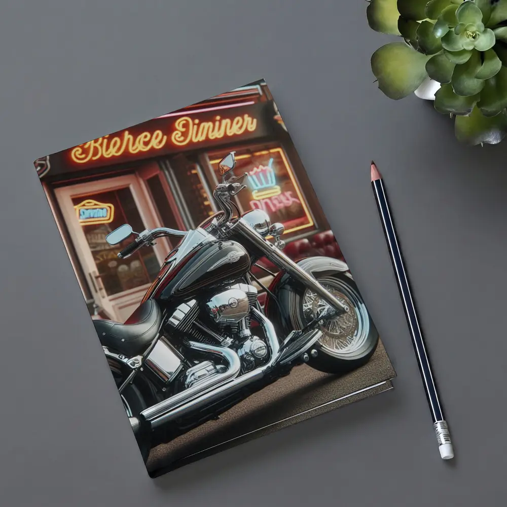 Harley Davidson Chopper Outside Neon Diner – Notebooks