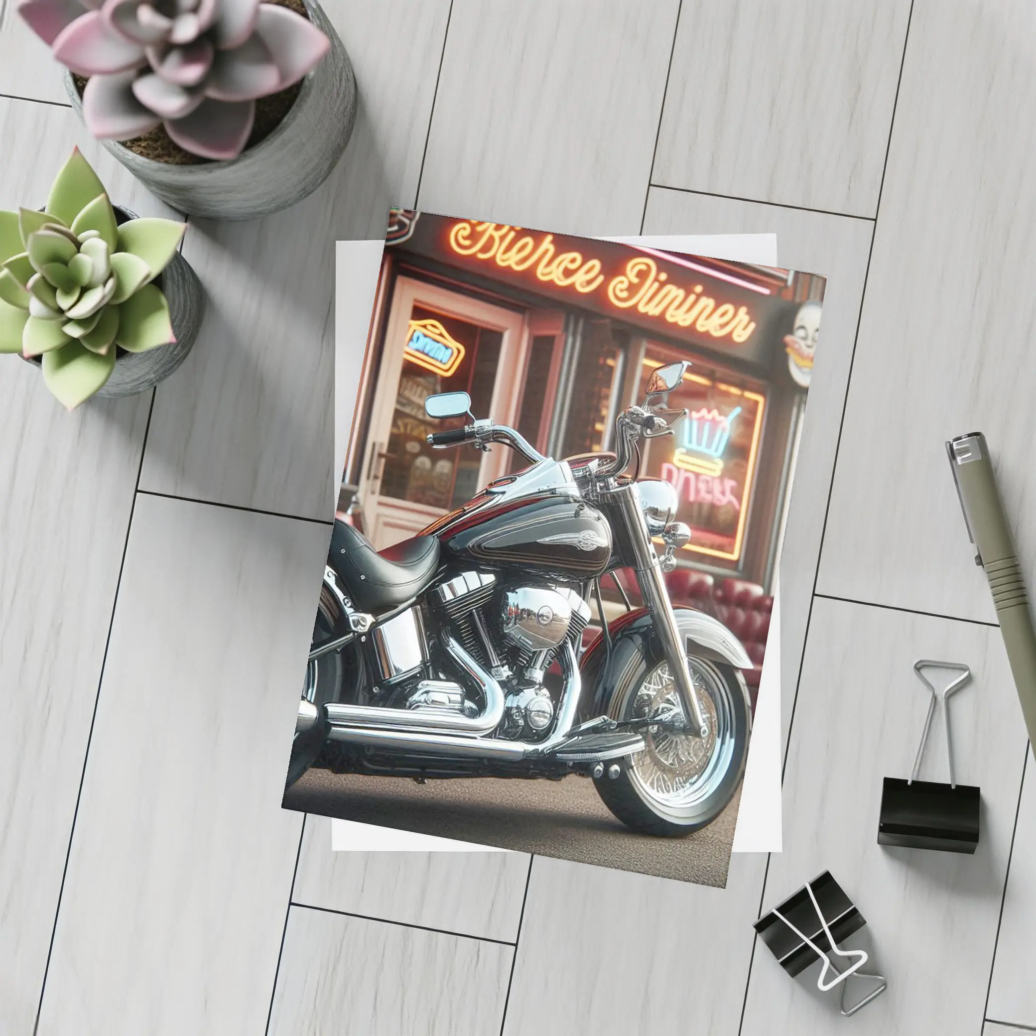 Harley Davidson Chopper Outside Neon Diner – Postcards