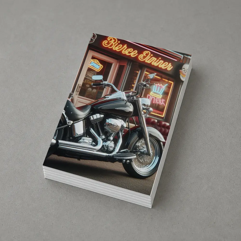 Harley Davidson Chopper Outside Neon Diner – Postcards