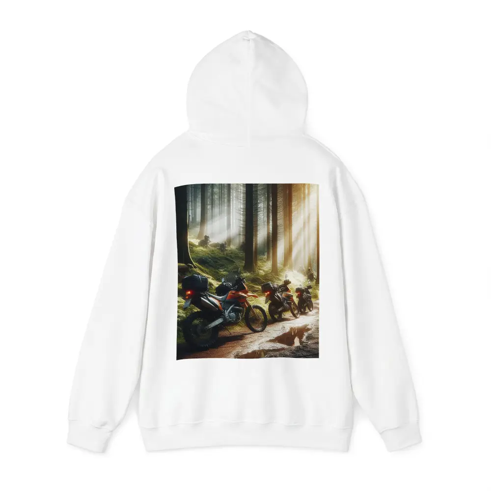 Adventure Dirt Bikes Parked in Misty Forest – Hoodies