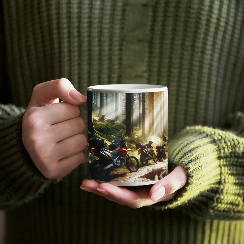 Adventure Dirt Bikes Parked in Misty Forest – Mugs