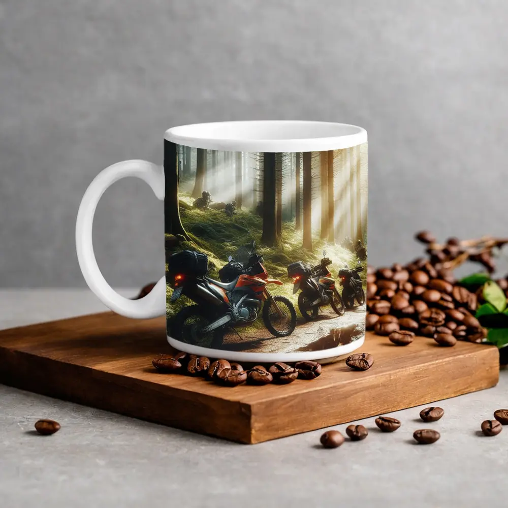Adventure Dirt Bikes Parked in Misty Forest – Mugs