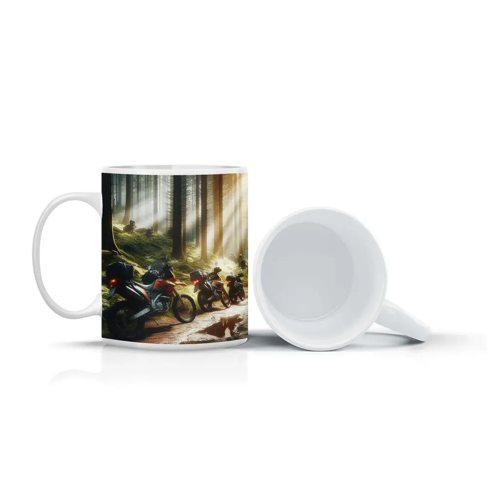 Adventure Dirt Bikes Parked in Misty Forest – Mugs