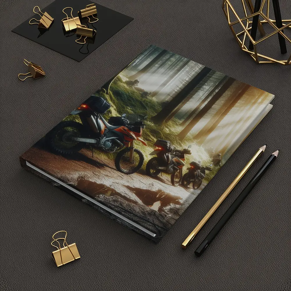 Adventure Dirt Bikes Parked in Misty Forest – Notebooks