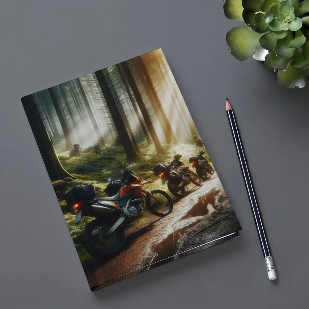 Adventure Dirt Bikes Parked in Misty Forest – Notebooks
