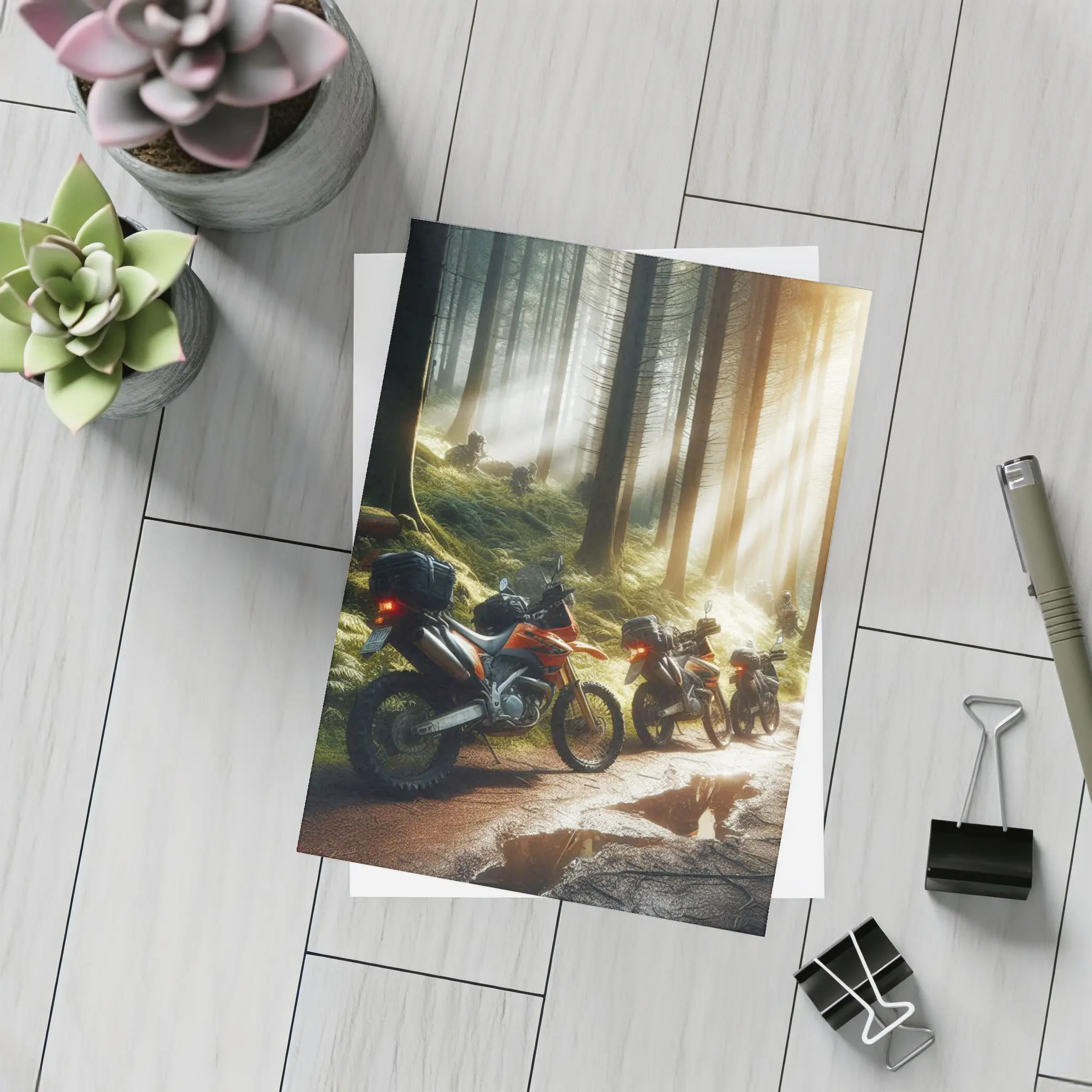 Adventure Dirt Bikes Parked in Misty Forest – Postcards