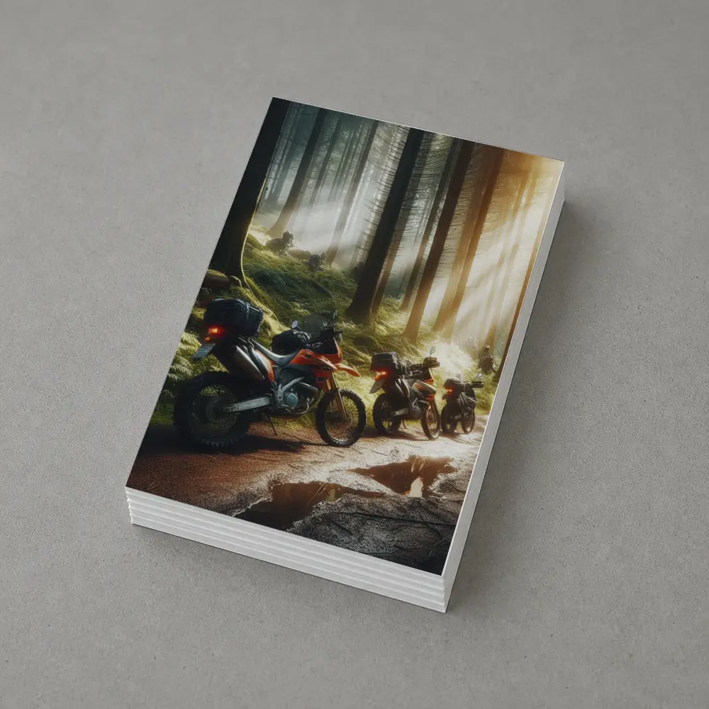 Adventure Dirt Bikes Parked in Misty Forest – Postcards
