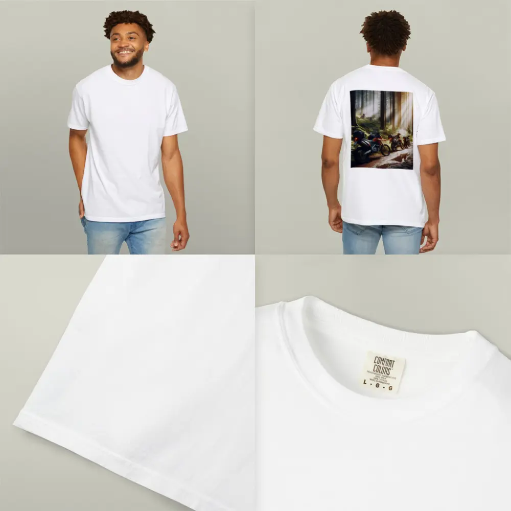 Adventure Dirt Bikes Parked in Misty Forest – T-Shirts