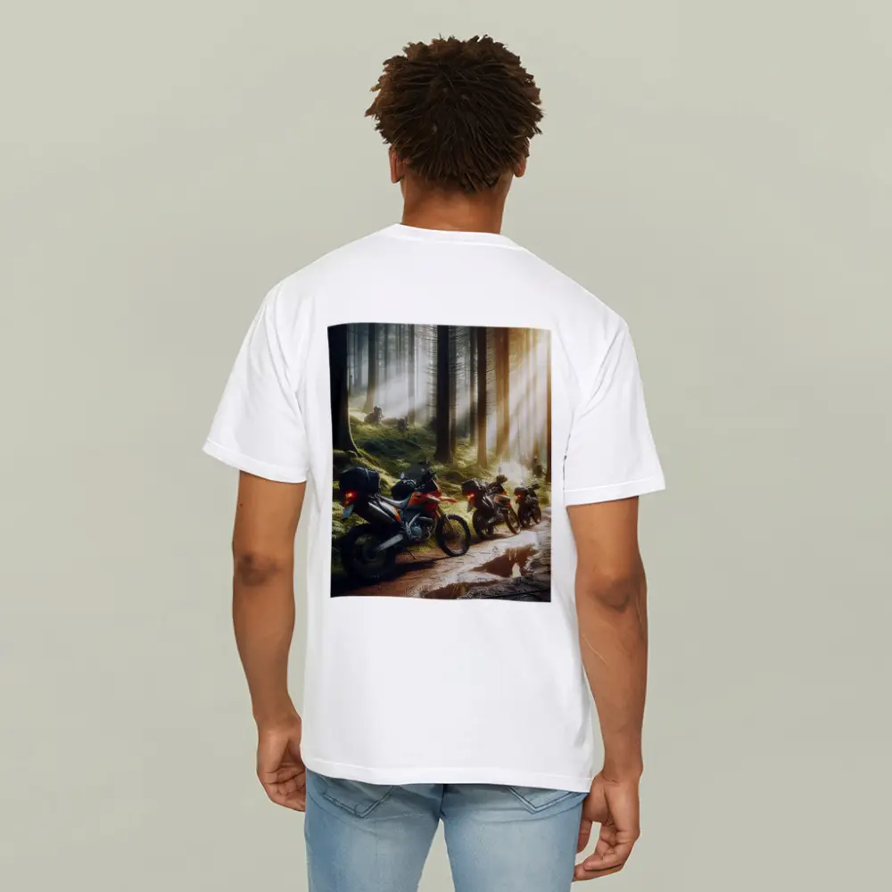 Adventure Dirt Bikes Parked in Misty Forest – T-Shirts