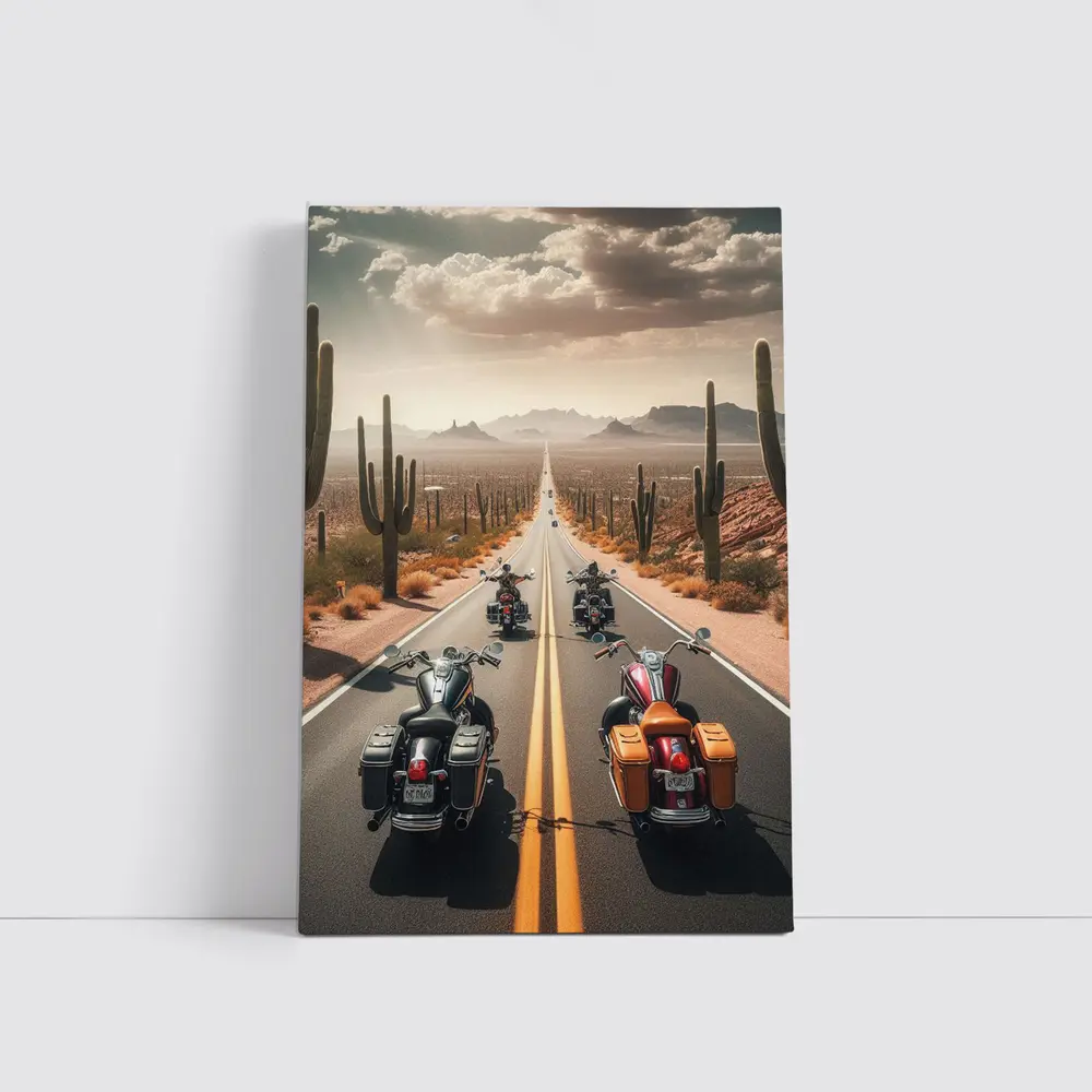 Cruiser Motorcycles Riding Desert Highway Cacti – Wall Art