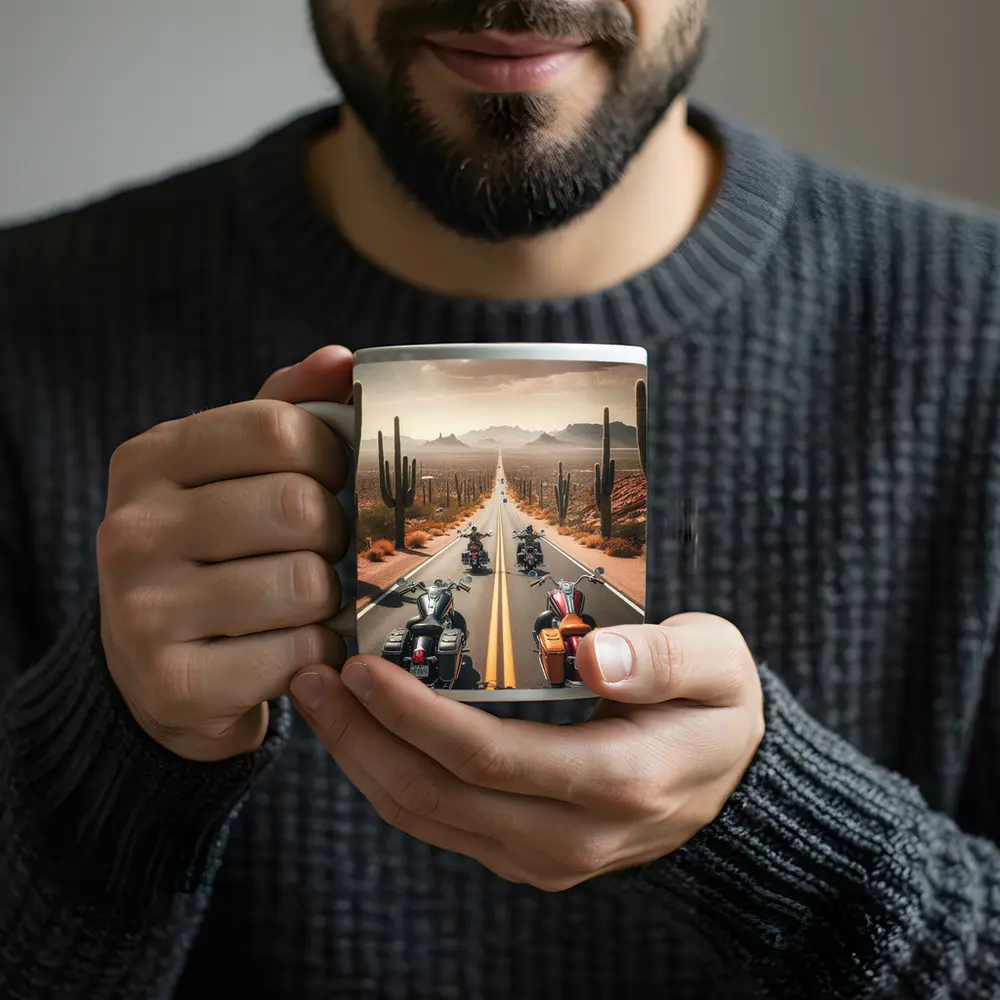 Cruiser Motorcycles Riding Desert Highway Cacti – Mugs