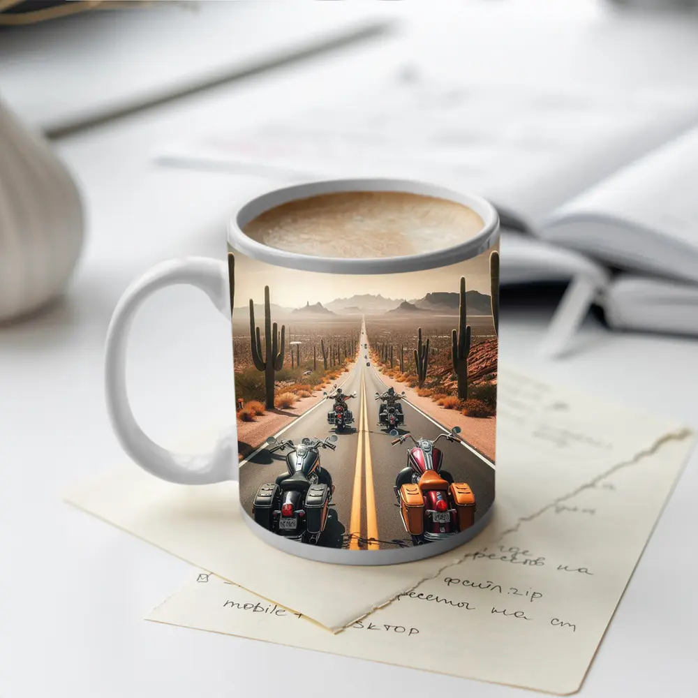 Cruiser Motorcycles Riding Desert Highway Cacti – Mugs