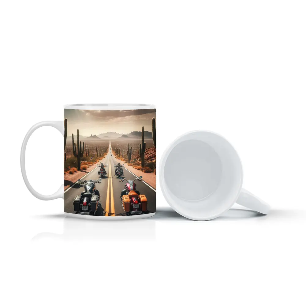 Cruiser Motorcycles Riding Desert Highway Cacti – Mugs