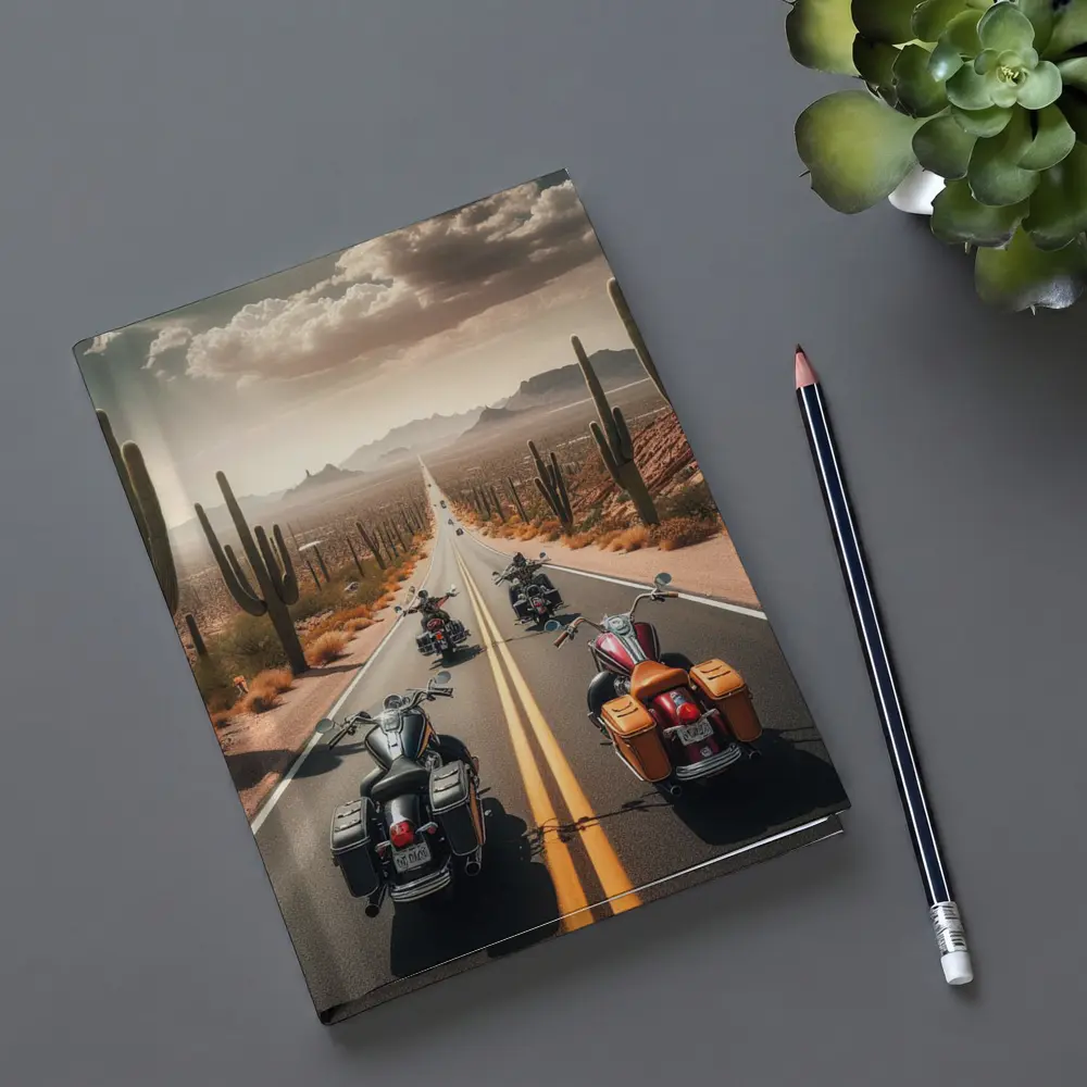 Cruiser Motorcycles Riding Desert Highway Cacti – Notebooks