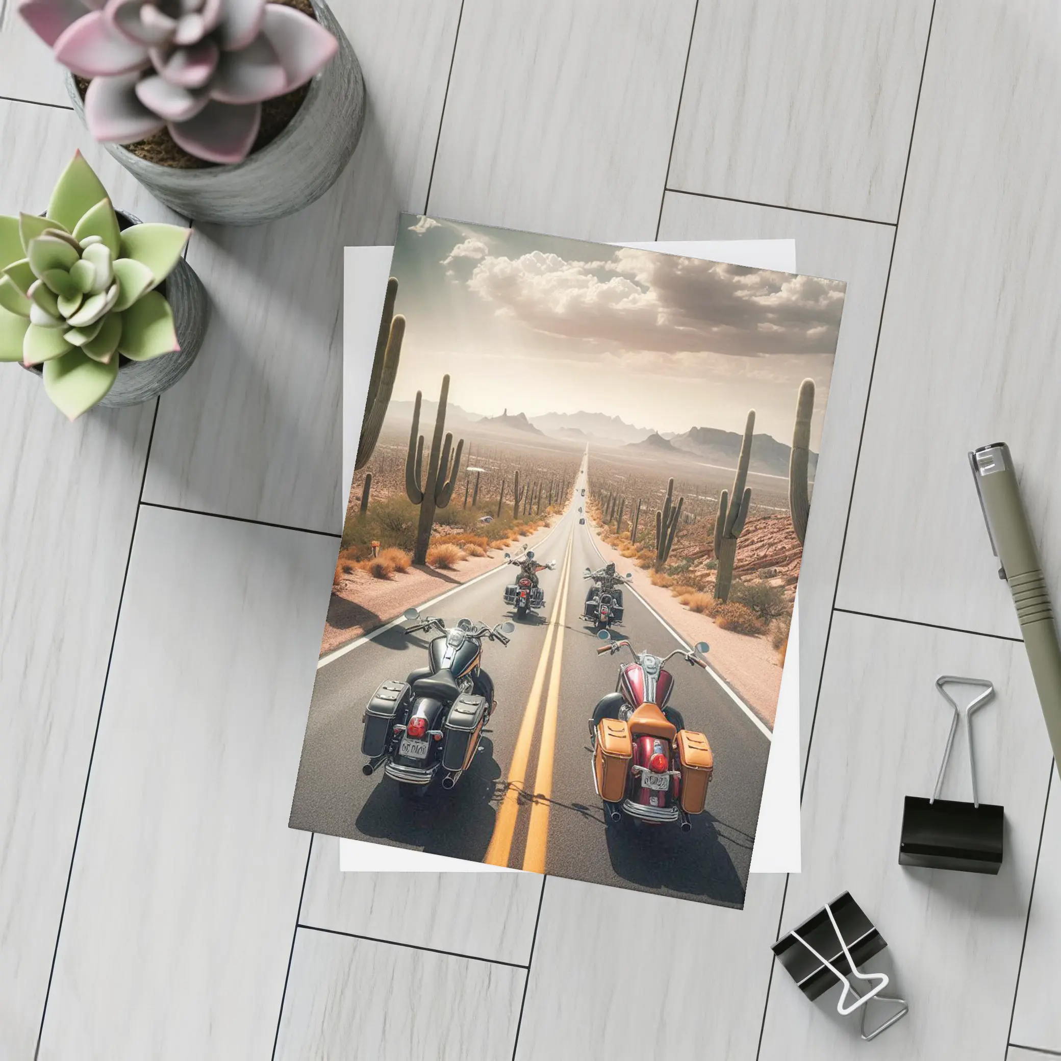 Cruiser Motorcycles Riding Desert Highway Cacti – Postcards