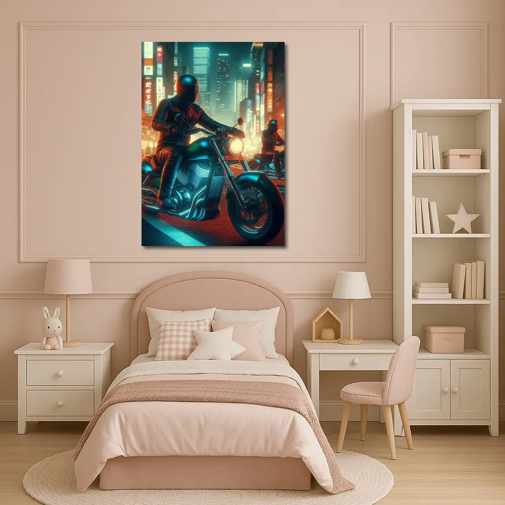 Chopper Motorcycle Rider Neon Cyberpunk City – Wall Art