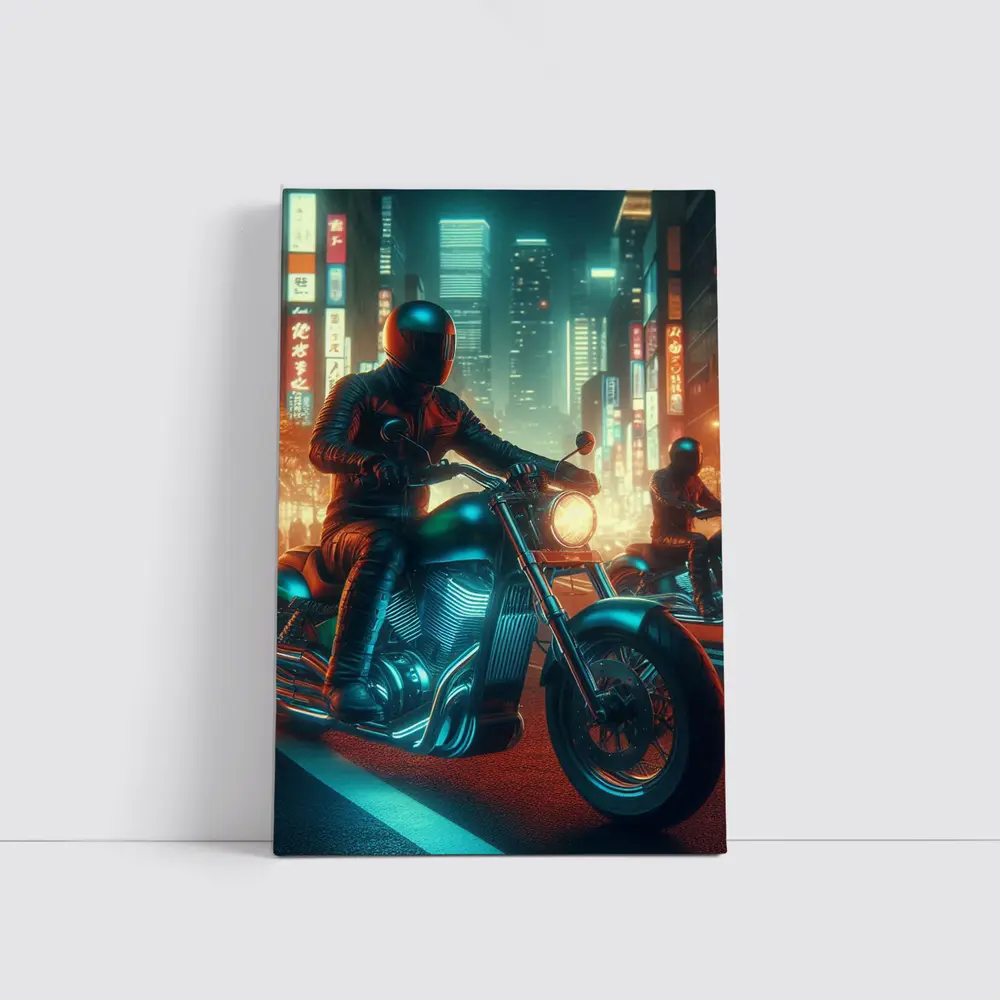 Chopper Motorcycle Rider Neon Cyberpunk City – Wall Art