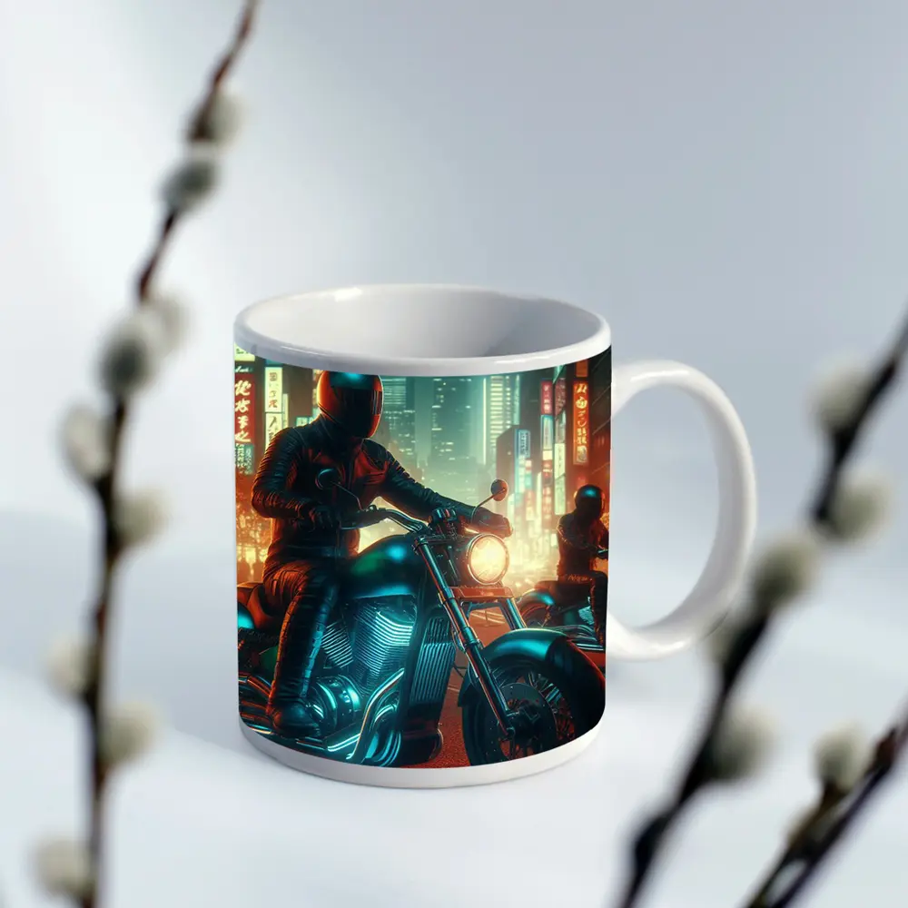 Chopper Motorcycle Rider Neon Cyberpunk City – Mugs