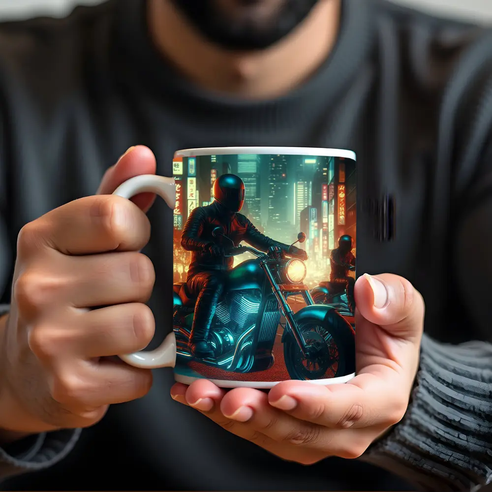 Chopper Motorcycle Rider Neon Cyberpunk City – Mugs