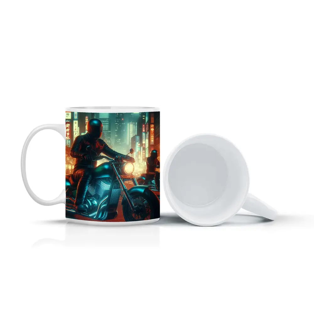 Chopper Motorcycle Rider Neon Cyberpunk City – Mugs
