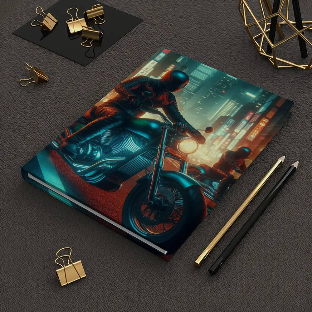 Chopper Motorcycle Rider Neon Cyberpunk City – Notebooks
