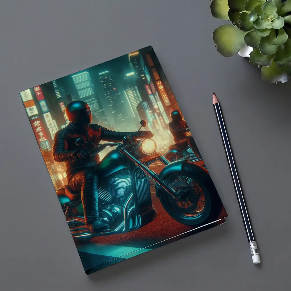Chopper Motorcycle Rider Neon Cyberpunk City – Notebooks