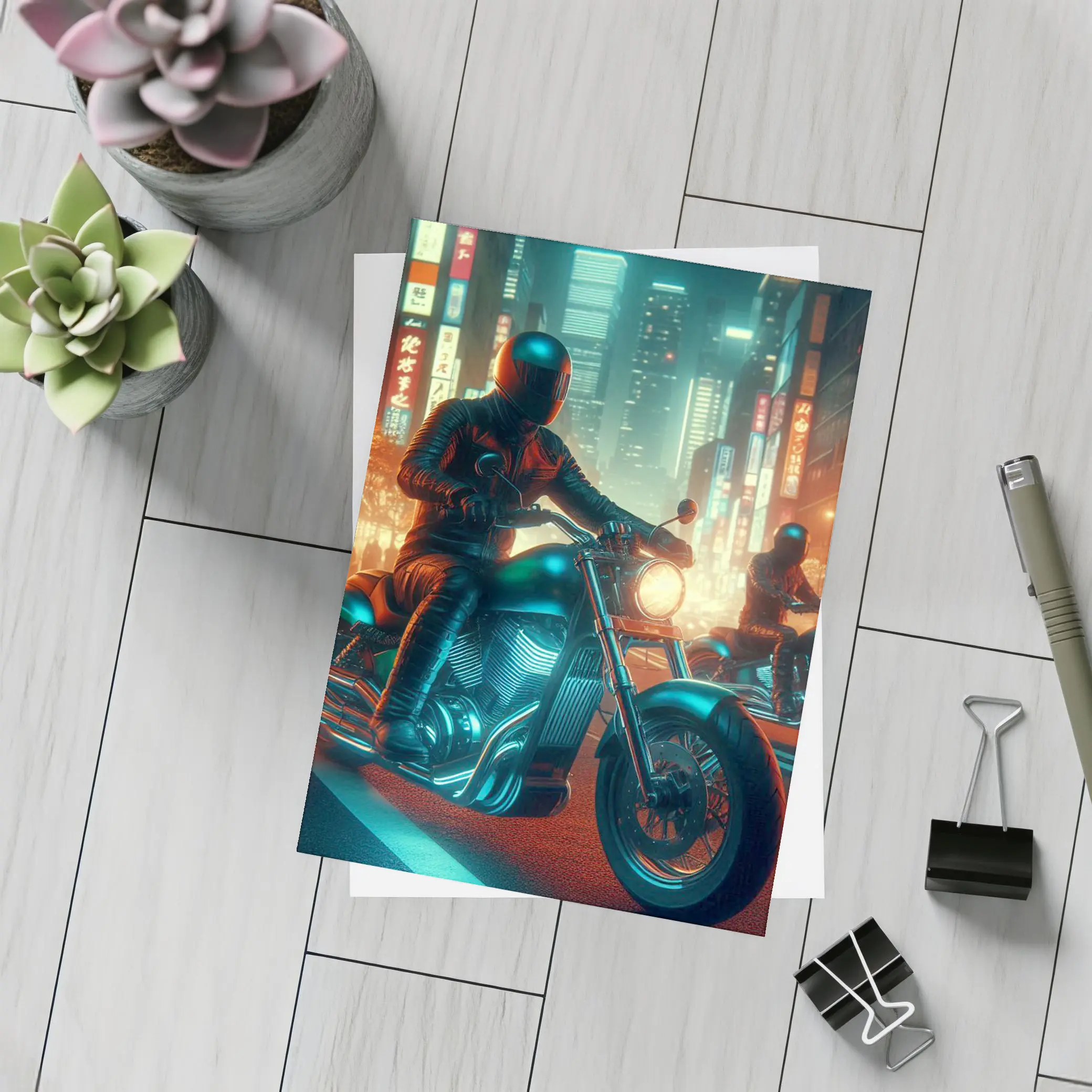 Chopper Motorcycle Rider Neon Cyberpunk City – Postcards
