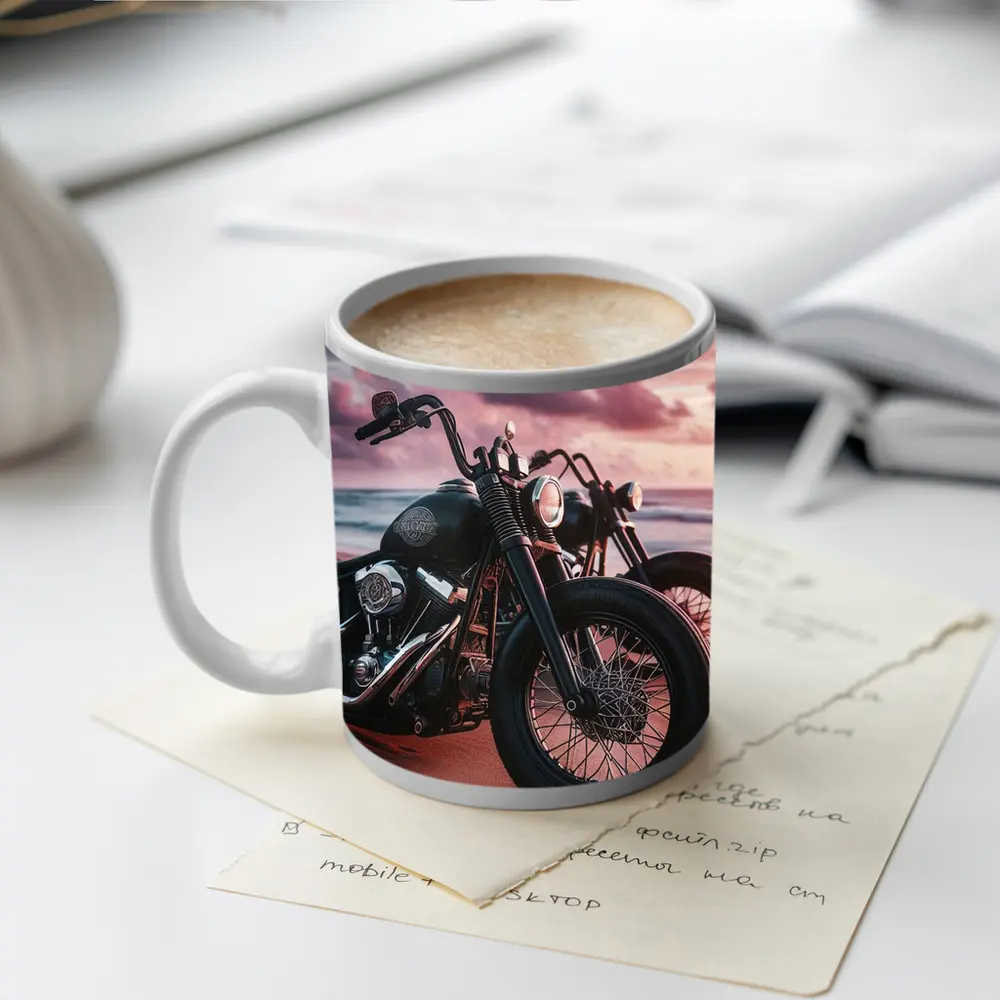 Harley Davidson Bobber Motorcycle Beach Sunset – Mugs