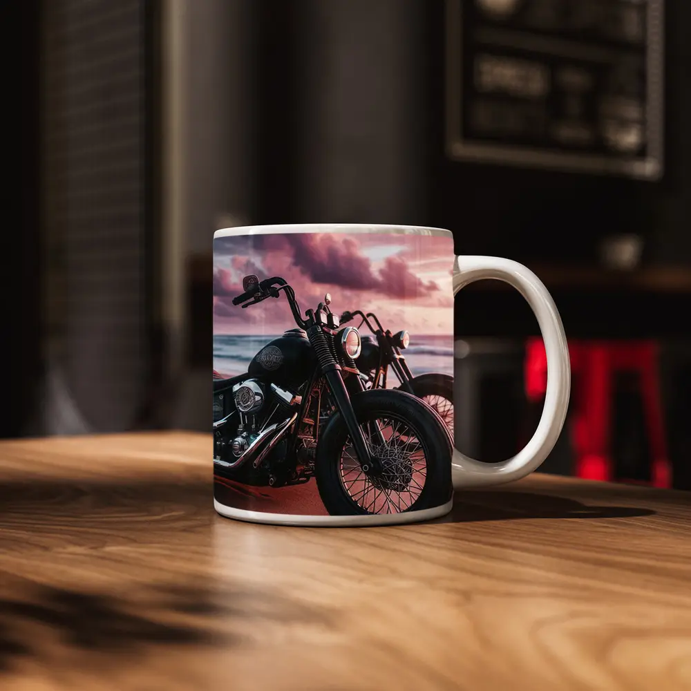 Harley Davidson Bobber Motorcycle Beach Sunset – Mugs