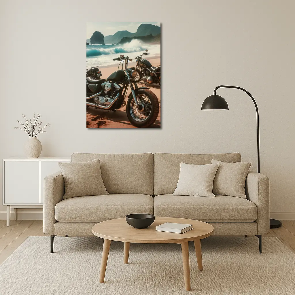 Harley Davidson Choppers Parked Sandy Beach – Wall Art