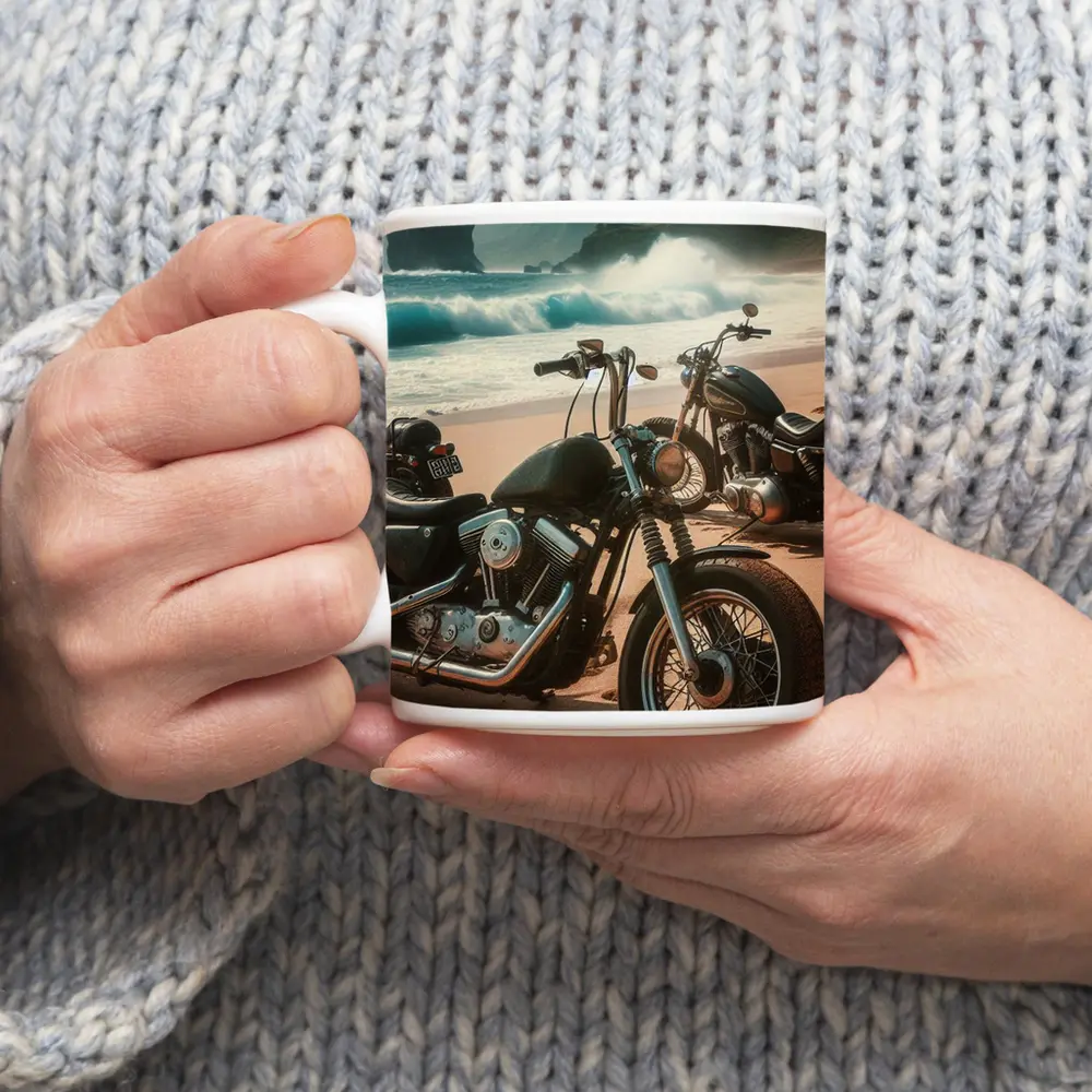 Harley Davidson Choppers Parked Sandy Beach – Mugs