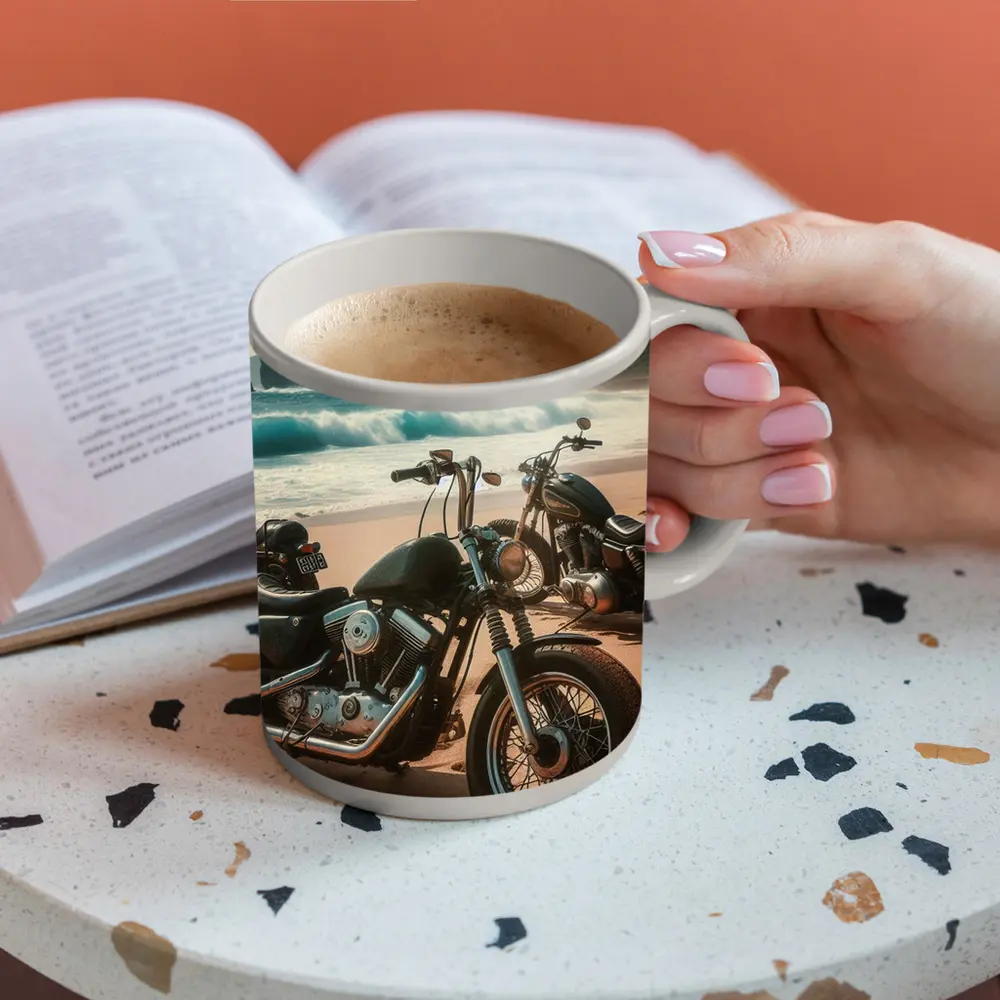 Harley Davidson Choppers Parked Sandy Beach – Mugs