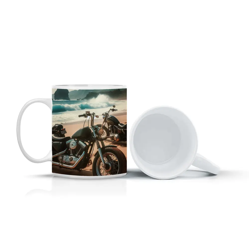 Harley Davidson Choppers Parked Sandy Beach – Mugs