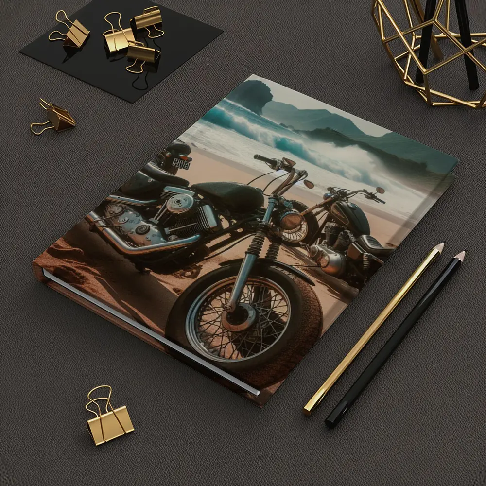 Harley Davidson Choppers Parked Sandy Beach – Notebooks