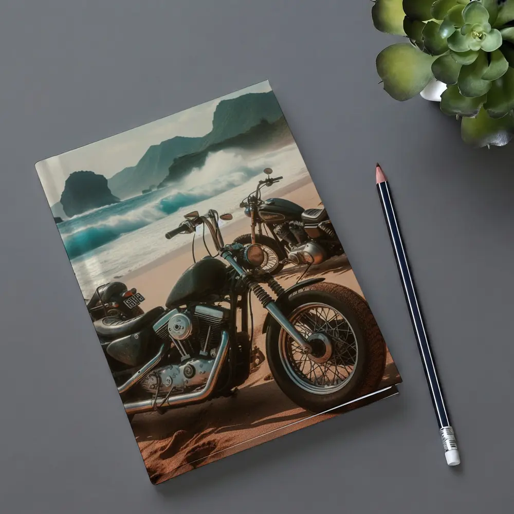 Harley Davidson Choppers Parked Sandy Beach – Notebooks